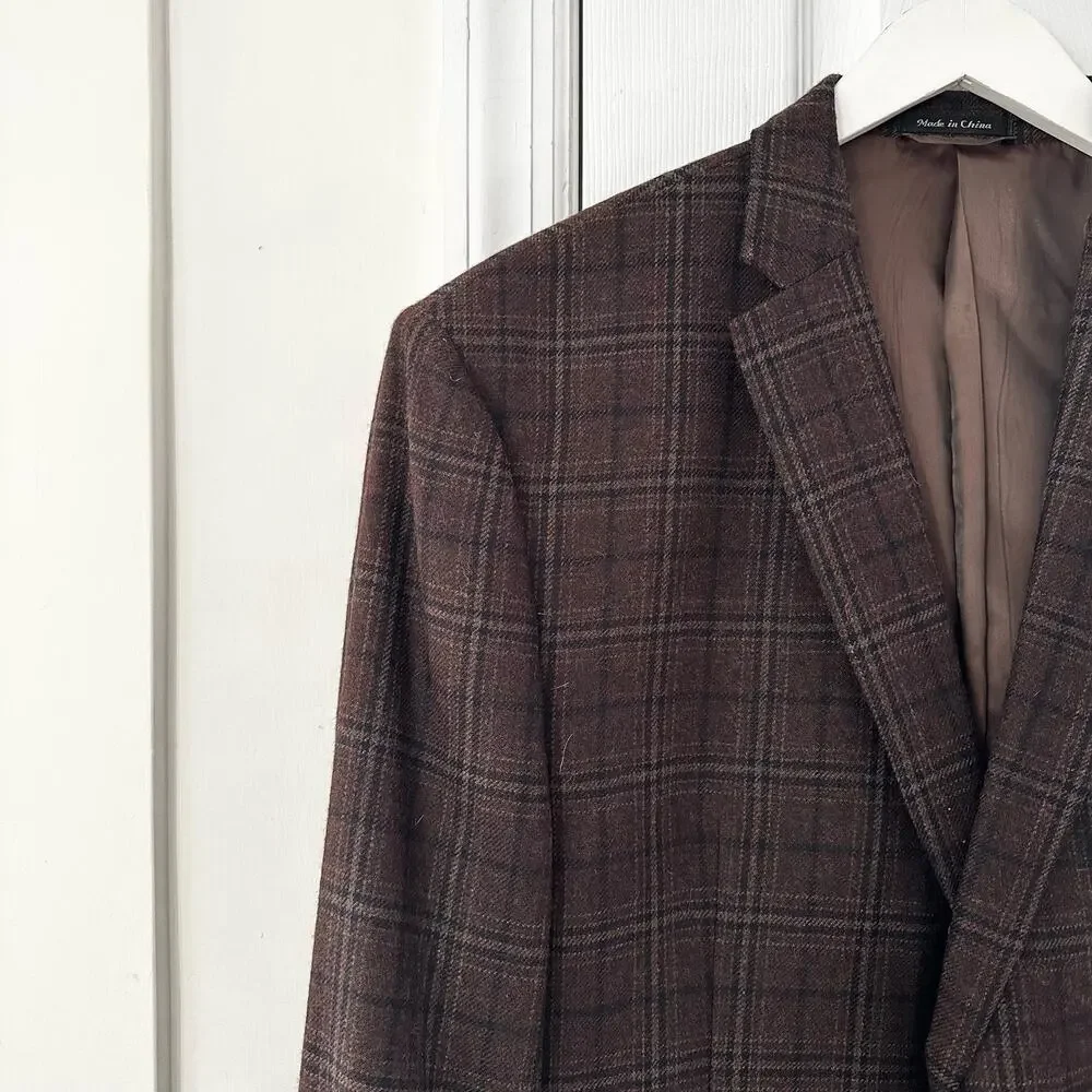 Lauren Ralph Lauren Dark Brown Check Plaid Wool Blend Two Button Blazer 48R